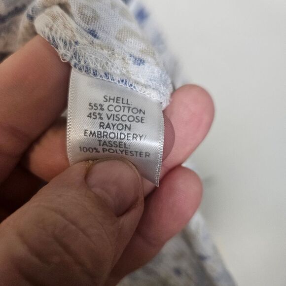 J.Jill Women's Blouse Flowy Boho Tunic3/4 Sleeve Blue and CreamTassel Hem Medium - Picture 5 of 6